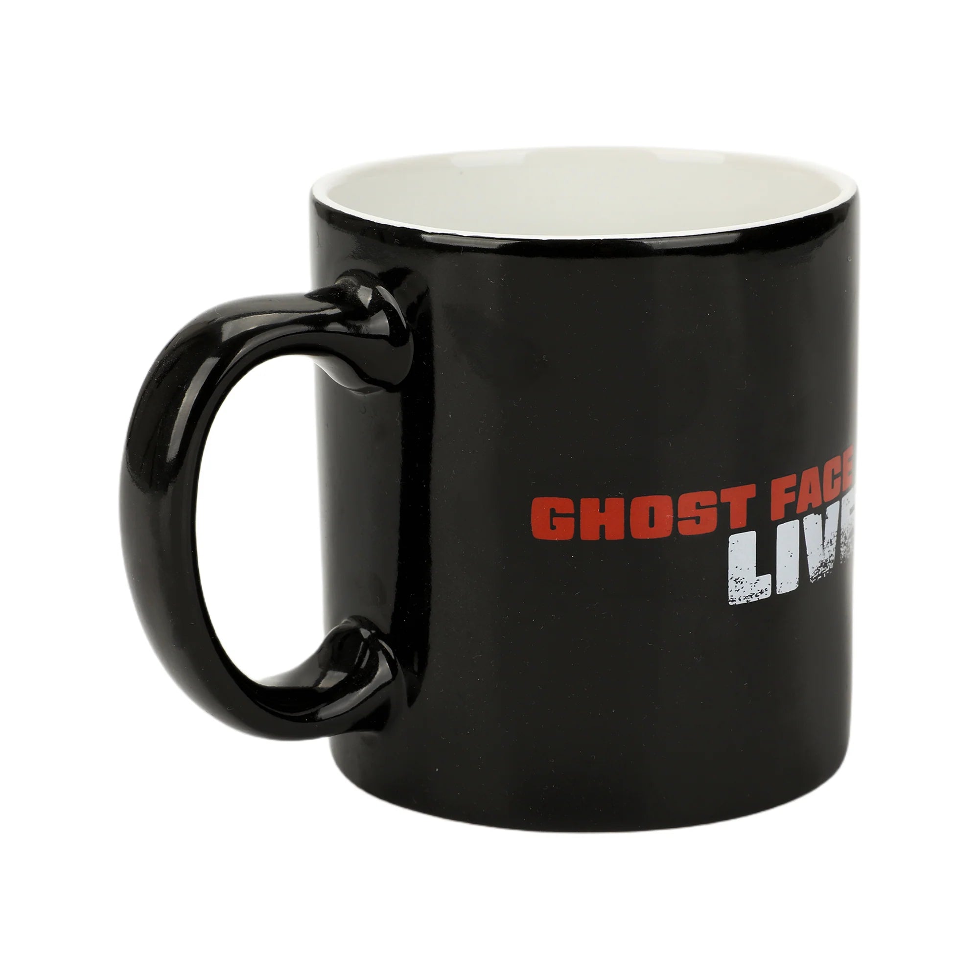 Black mug with 'Ghost Face Live' text on a white background. Sip your favorite drink in style with our Ghost Face Lives 16 Oz. Ceramic Mug! Perfect for Scream fans, it's microwave and dishwasher safe for easy care.