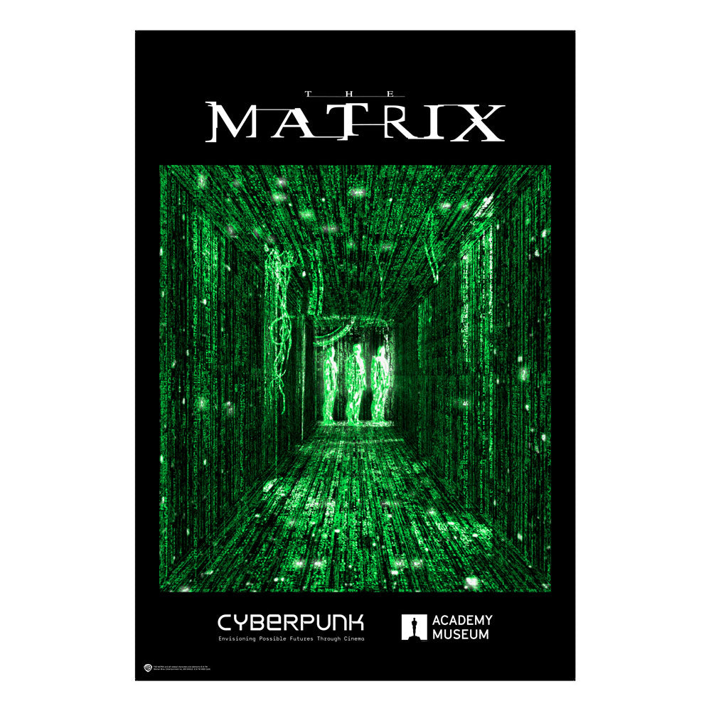 A poster for 'The Matrix' movie with a green and black color scheme, featuring a iconic image of a digital hallway and the film's title. Exhibition Lockup from CYBERPUNK at the Academy Museum Los Angeles.