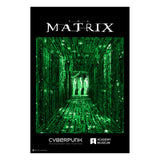A poster for 'The Matrix' movie with a green and black color scheme, featuring a iconic image of a digital hallway and the film's title. Exhibition Lockup from CYBERPUNK at the Academy Museum Los Angeles.
