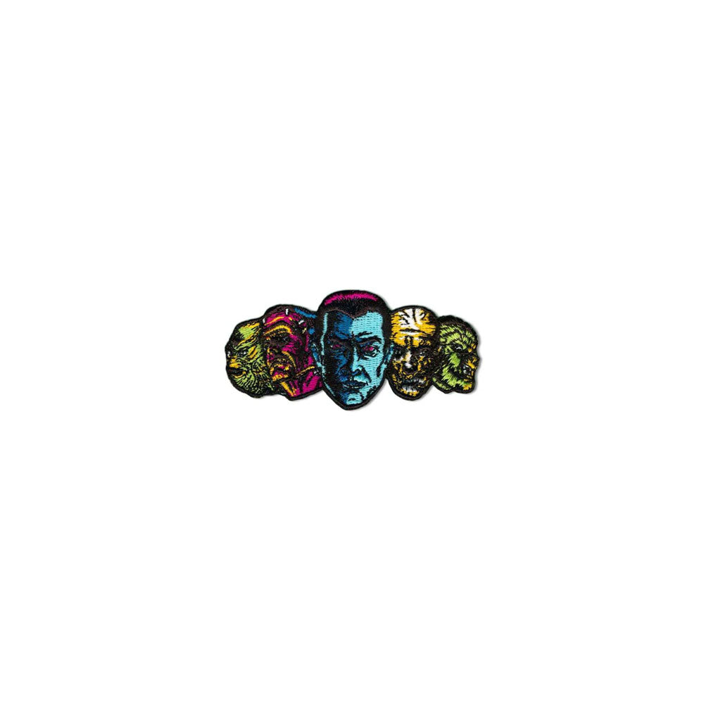 An embroidered patch featuring iconic Universal Monsters including Dracula, The Mummy, The Creature from the Black Lagoon, Frankenstein, and the Wolfman.