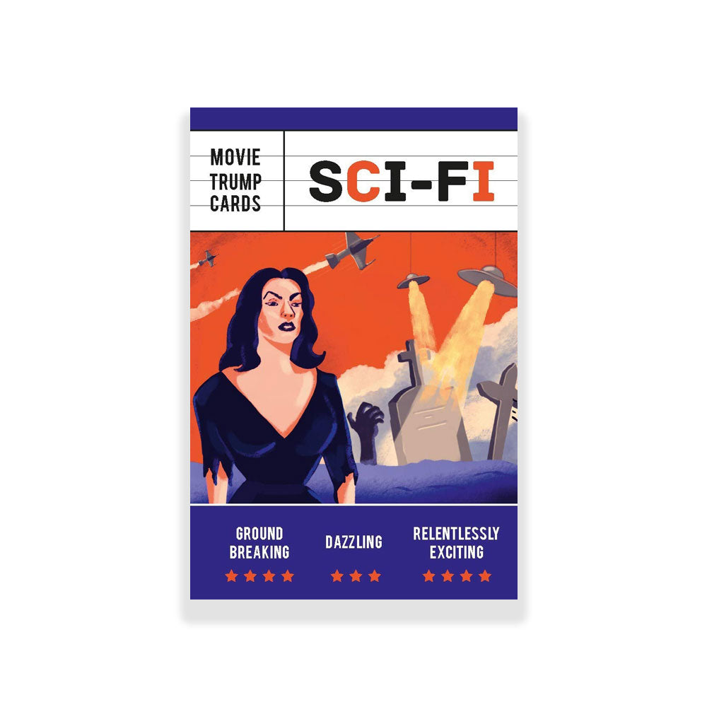 Packaging of Movie Trump Cards featuring a woman in a black dress with a graveyard background. Dive into the ultimate sci-fi showdown with 32 trump cards! Compare classic films like Avatar and The Matrix in this engaging game. Get yours now!