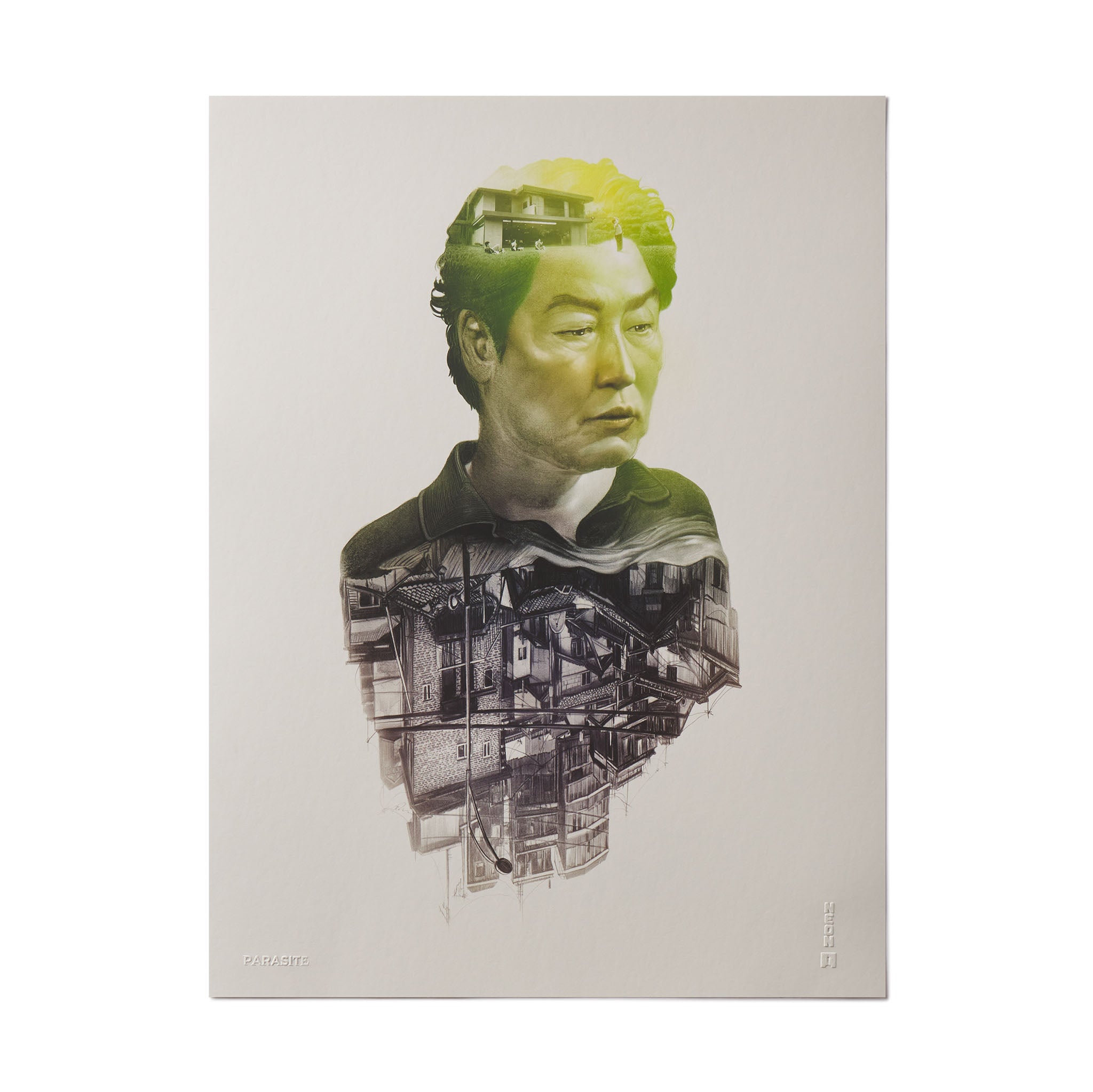 A framed poster featuring a stylized, neon green portrait of a character with architectural elements, in a black and white photo. Print of Mr. Kim from Bong Joon Ho's Academy Award winning movie Parasite.