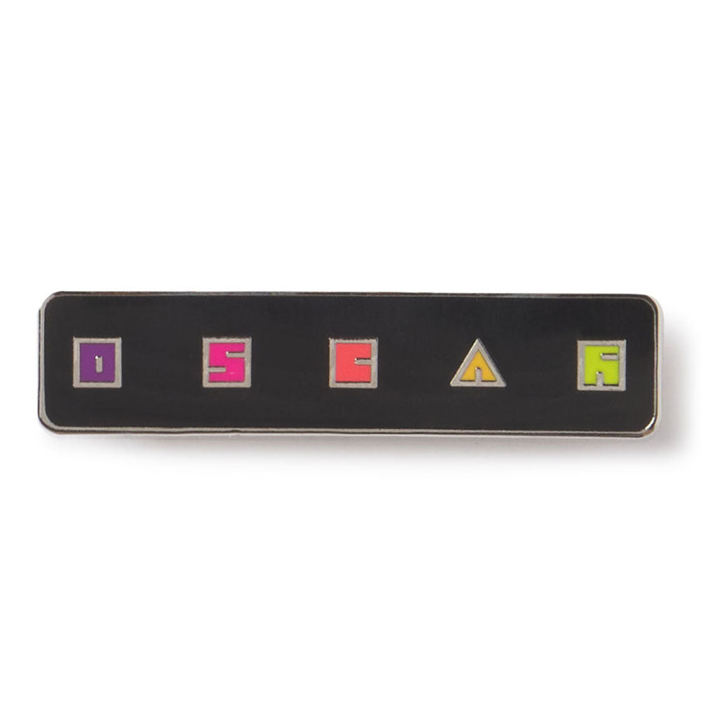 Black bar with colorful letters on a white background OSCAR Logo Pin