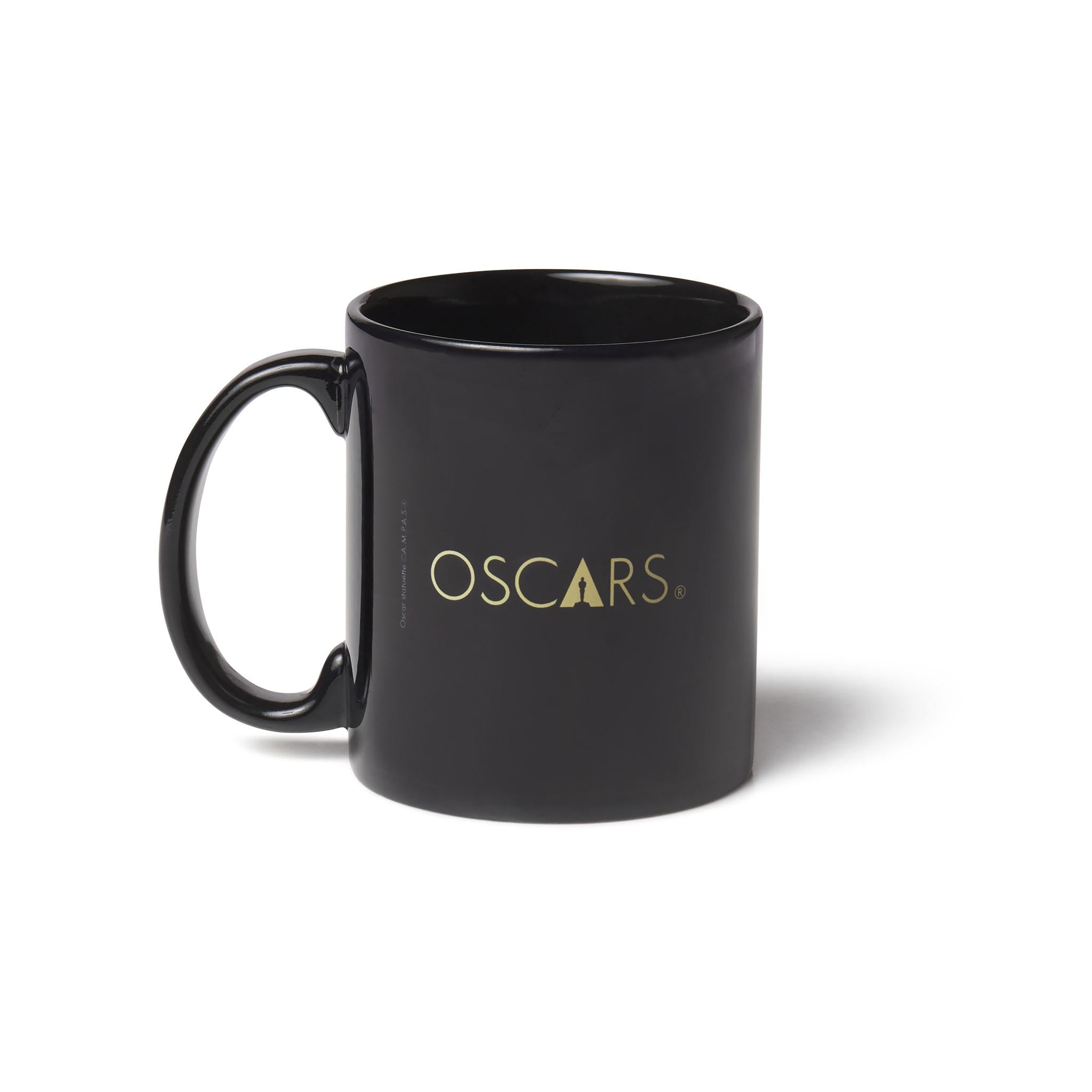Black ceramic mug with gold Oscars logo
