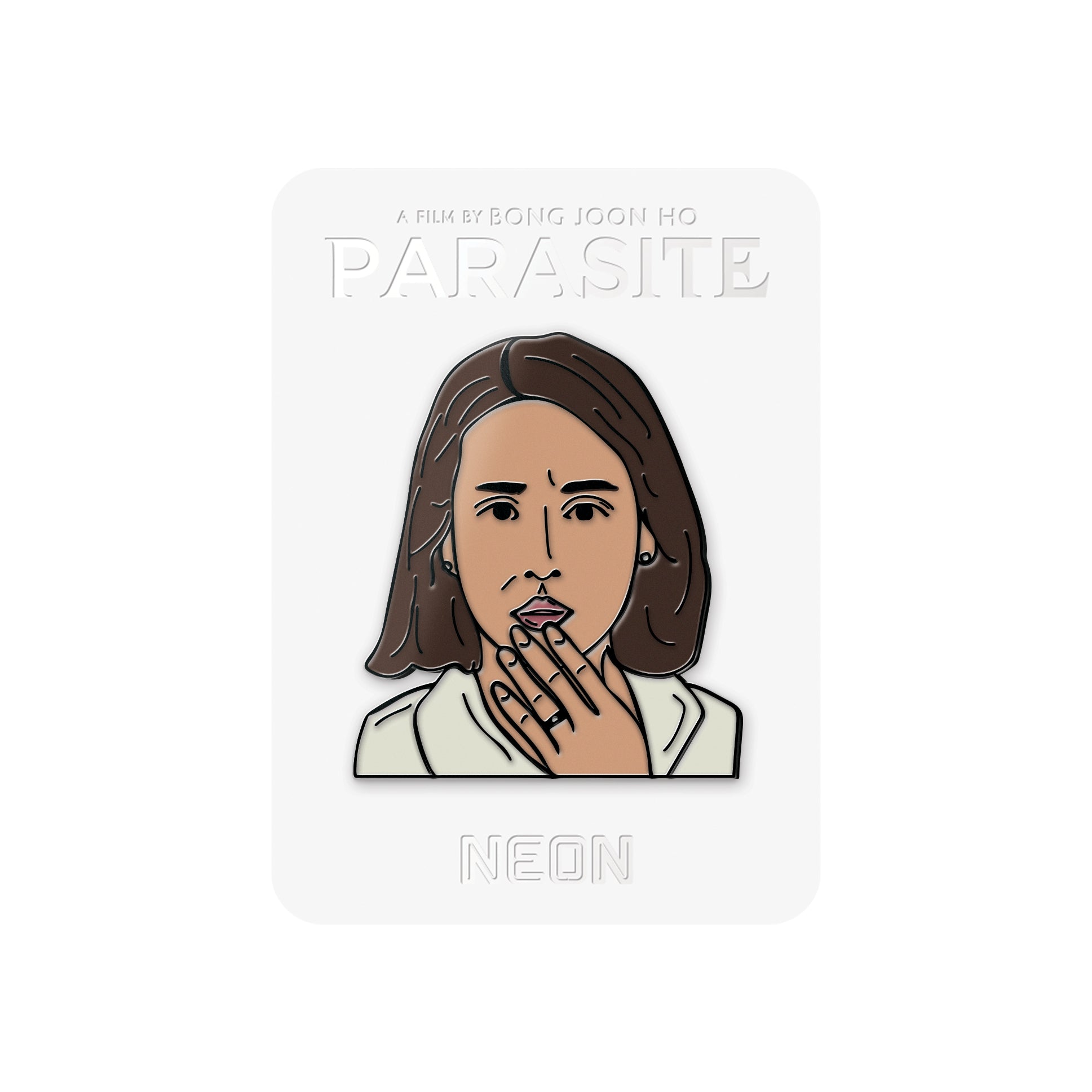 An enamel pin featuring an illustration of Mrs. Park from the movie Parasite, with a white background.