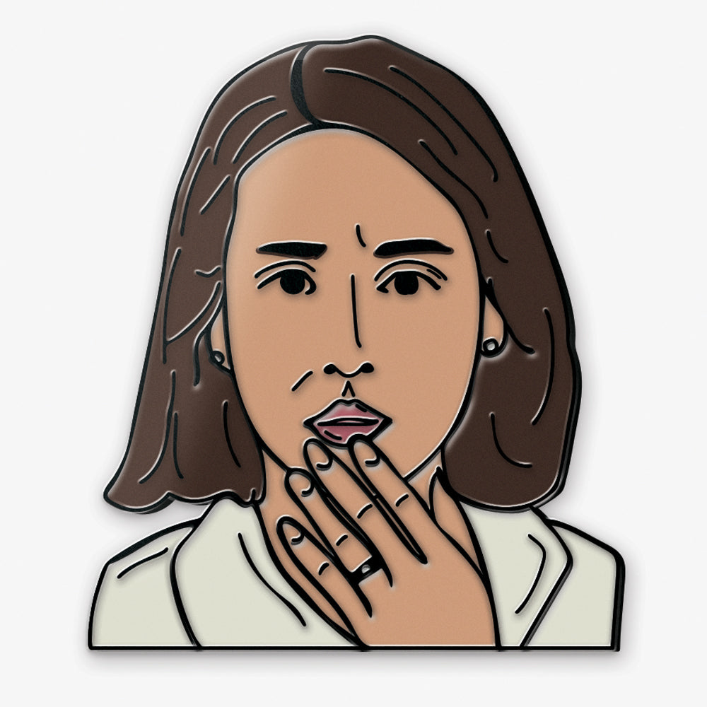 Closeup of the enamel pin of Mrs. Park from the Bong Joon Ho movie Parasite