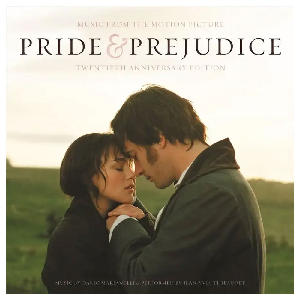 Album cover for 'Pride & Prejudice' with a couple embracing outdoors. Celebrate 20 years of romance with the Pride & Prejudice Deluxe Edition LP. Experience Dario Marianelli's enchanting score presented in a gatefold jacket.