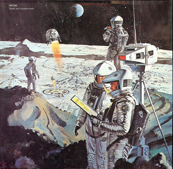 Artistic depiction of astronauts on the moon with lunar module and equipment.