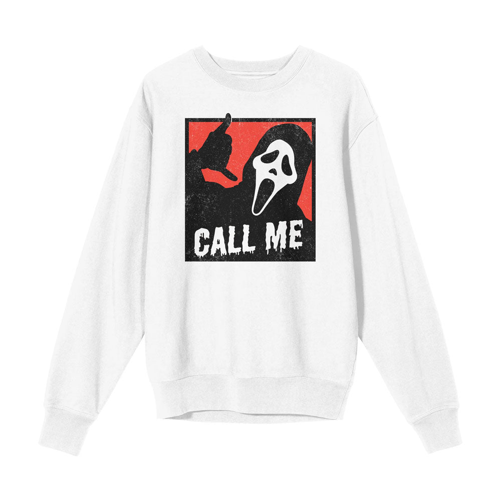 White sweatshirt with a graphic design featuring a ghost face and text on a white background Stay warm and stylish with our Ghostface "Call Me" sweatshirt! Made from high-quality materials, it's the perfect gift for horror movie lovers.