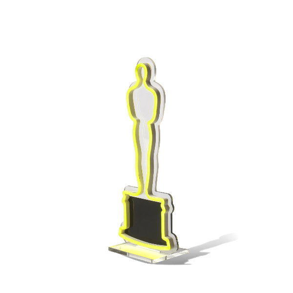 side view of neon LED oscar on tabletop with stand Oscar Statue the Academy Awards Show official Oscars Logo Merchandise Collectible Neon Sign Tabletop Size.