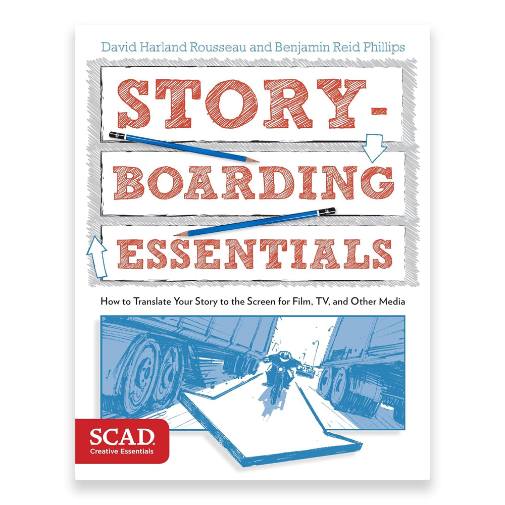 Book cover of 'Storyboarding Essentials' with text and graphics on a white background