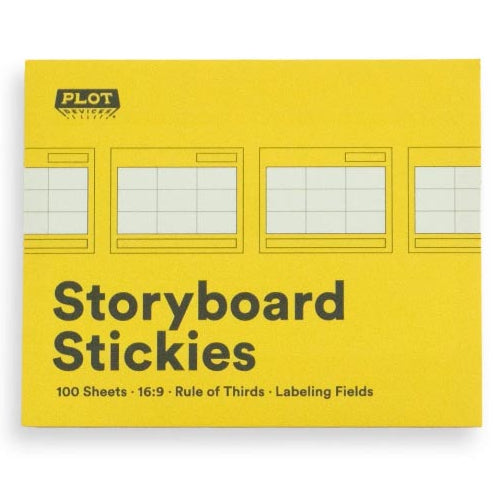 A pack of yellow storyboard stickies with labeled fields, designed for aspect ratio and三分法 in storytelling.