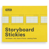 A pack of yellow storyboard stickies with labeled fields, designed for aspect ratio and三分法 in storytelling.