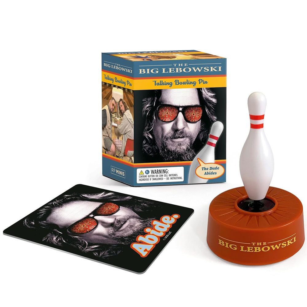 Product image for a talking bowling pin collectible from The Big Lebowski, featuring the bowling pin collectible on a brown base with The Big Lebowski logo, accompanied by packaging with the movie's imagery.