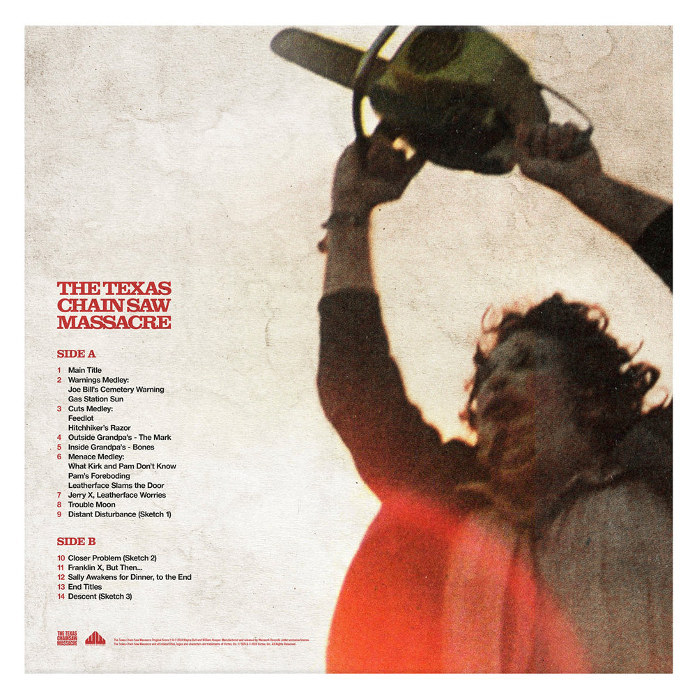 Album cover for 'The Texas Chain Saw Massacre' with a person holding a chainsaw and track list on the left.