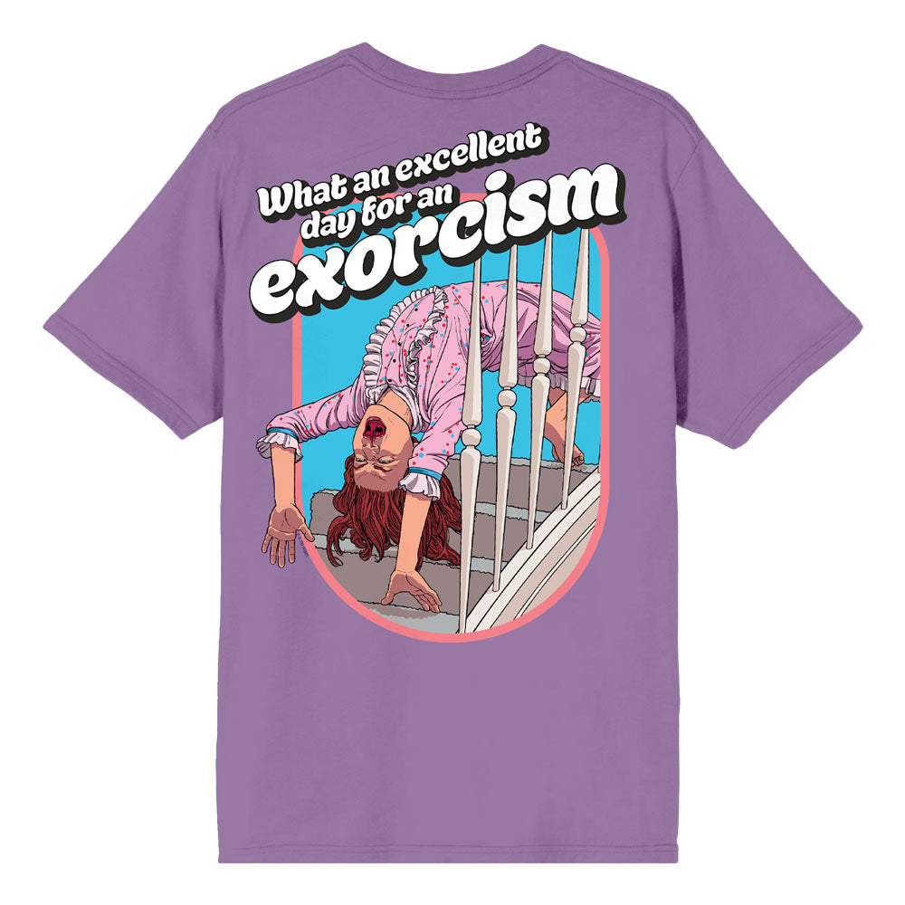 Purple t-shirt with graphic design and text 'What an excellent day for an exorcism' on a white background. Embrace the chilling vibe of THE EXORCIST (1973) with our unisex T-shirt featuring Regan's iconic backbend and the quote, "What an excellent day for an exorcism."