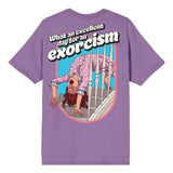 Purple t-shirt with graphic design and text 'What an excellent day for an exorcism' on a white background. Embrace the chilling vibe of THE EXORCIST (1973) with our unisex T-shirt featuring Regan's iconic backbend and the quote, "What an excellent day for an exorcism."