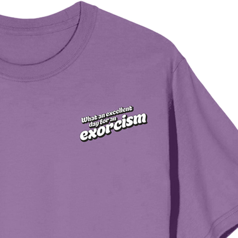 Purple t-shirt with humorous text design on a white background. Embrace the chilling vibe of THE EXORCIST (1973) with our unisex T-shirt featuring Regan's iconic backbend and the quote, "What an excellent day for an exorcism."