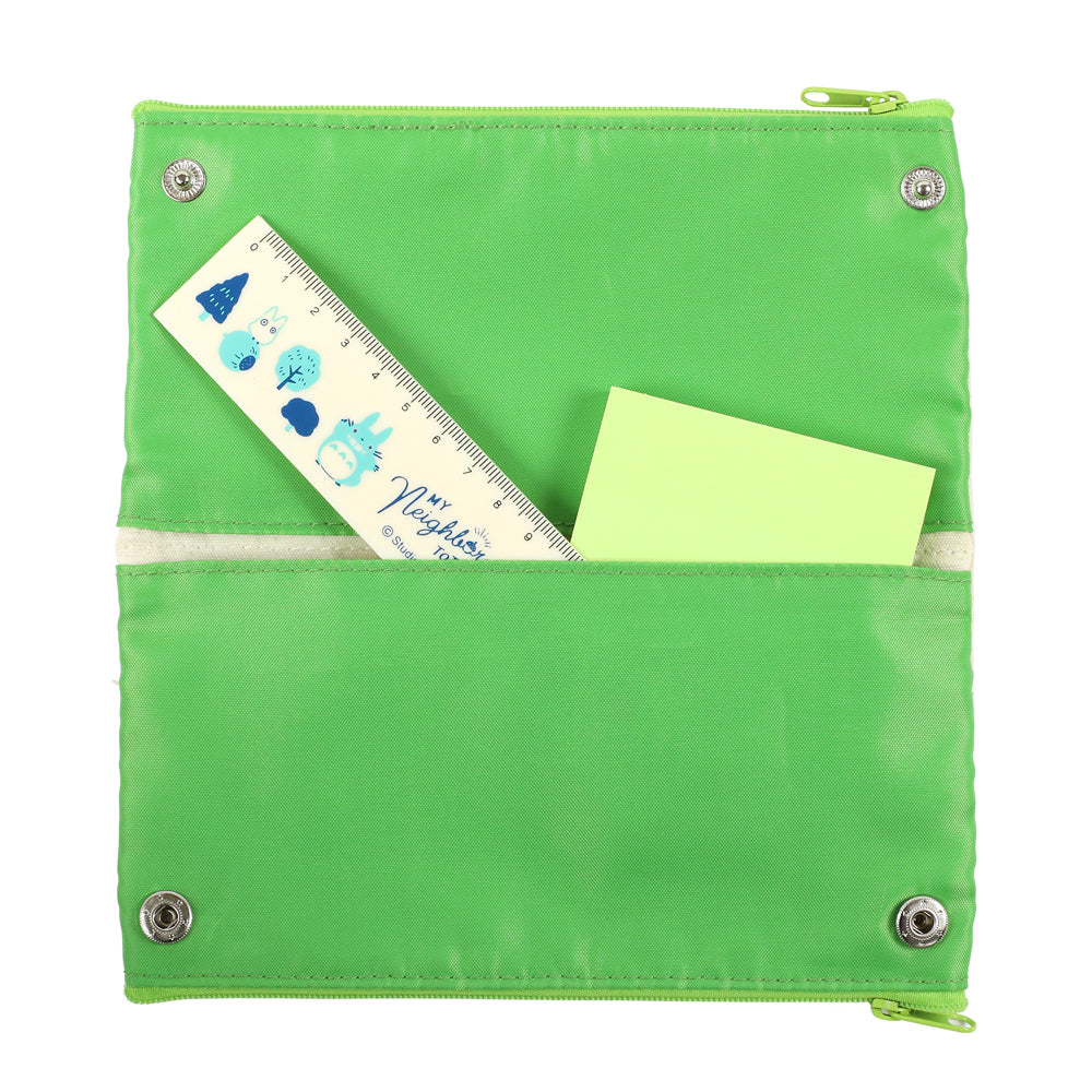 Open view of the penci case showing the 2 inside pockets with green fabric lining.