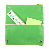 Open view of the penci case showing the 2 inside pockets with green fabric lining.