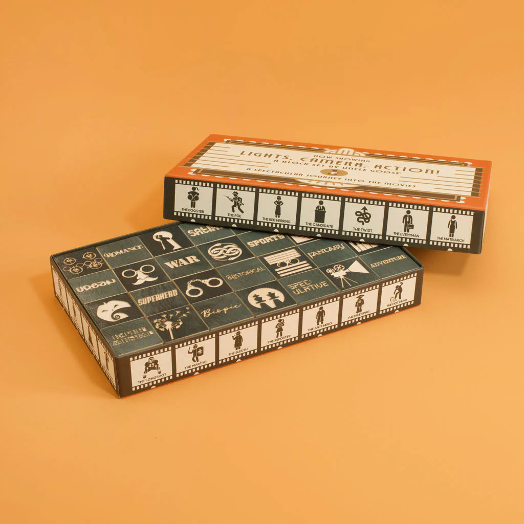 Two boxes with illustrated designs on an orange background Uncle Goose makes wooden toys and decor handcrafter in Grand Rapids, Michigan, using choice materials from around the Great Lakes.  Uncle Goose toys are the building blocks of creativity. In a child's hands, Uncle Goose blocks can become anything. Use them to inspire your imagination. 100% Made in the USA.