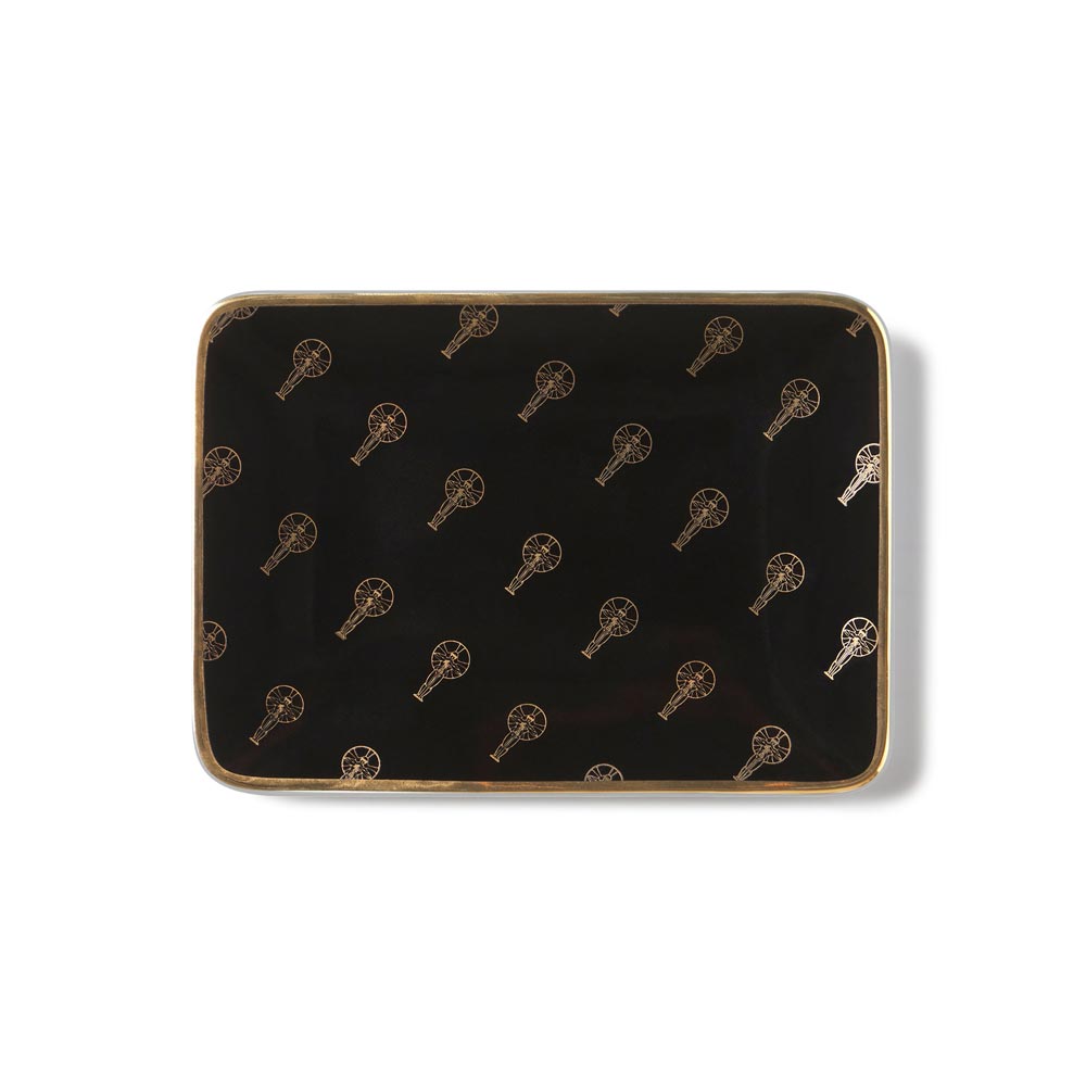 Top view of the black and gold ceramic Oscars logo accessory tray with gold trim edges.