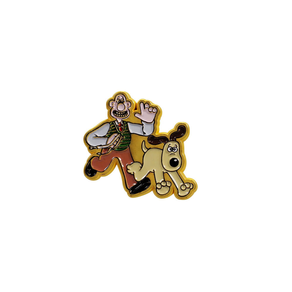 A pin badge featuring cartoon characters Wallace and Gromit from Aardman Animations. The pin is gold-colored with the characters in a colorful outfit and a dog.