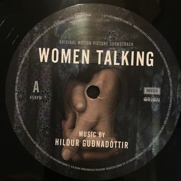 Vinyl record label for 'Women Talking' soundtrack with artistic design and text.