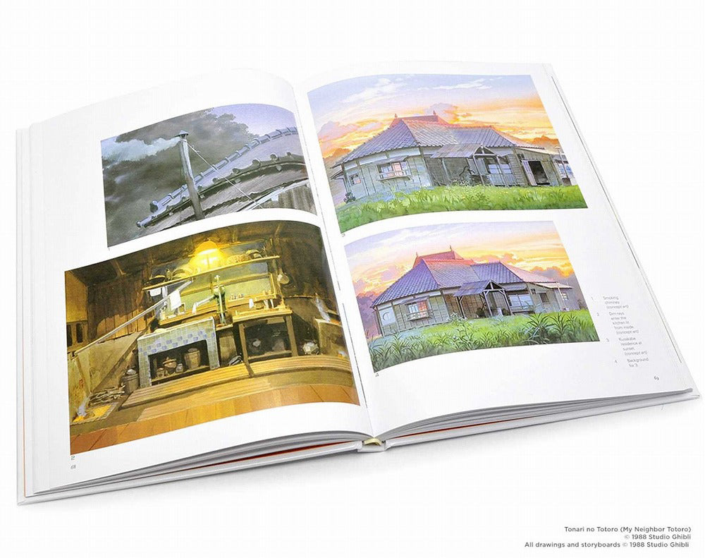 Open book showing interior and exterior views of a house