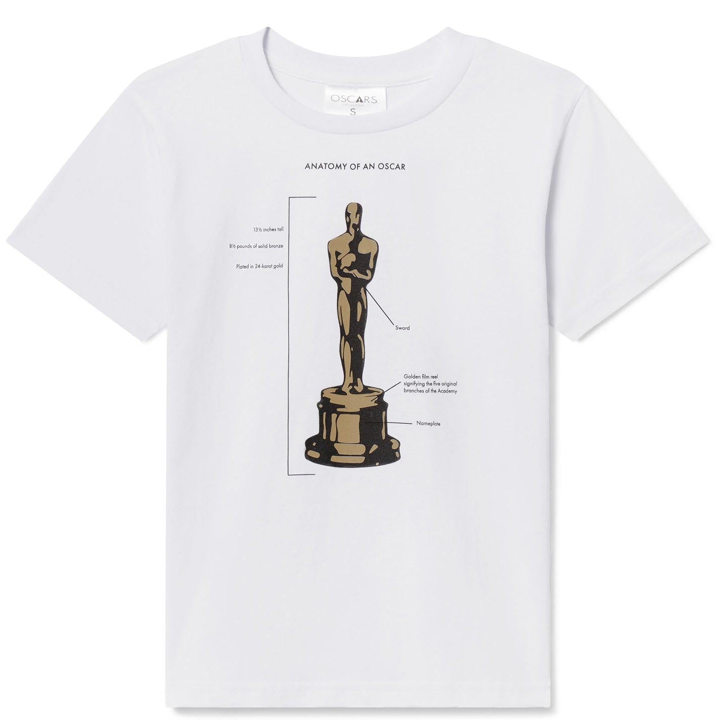 White t-shirt with graphic of an Oscar statue on a white background Youth sized white t shirt