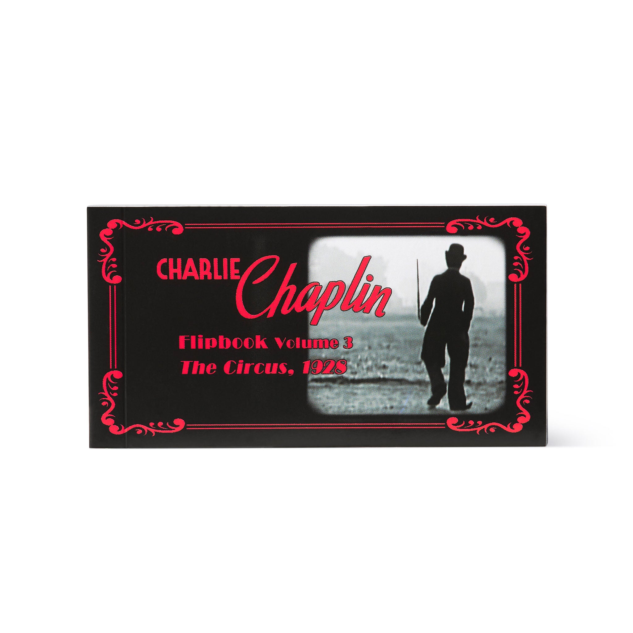 Flipbook cover featuring Charlie Chaplin with a silhouette and text on a black border. Flipbooks at the Academy Museum Store in Los Angeles