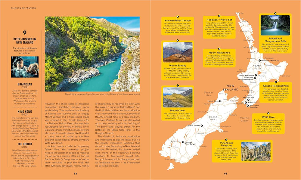 Travel guidebook page about New Zealand with maps, photos, and text on an orange background