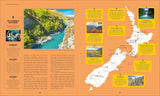 Travel guidebook page about New Zealand with maps, photos, and text on an orange background