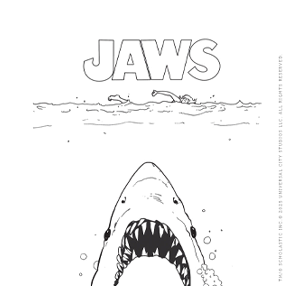 Black and white illustration page of a coloring book of a shark and swimmers with 'JAWS' text on a white background