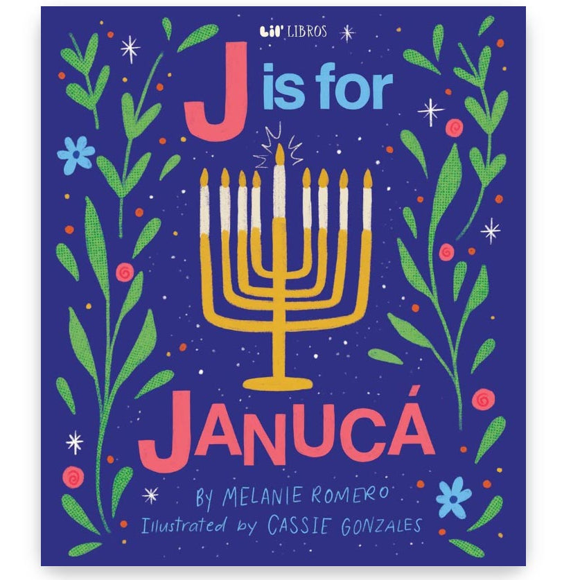 Book cover of 'J is for Januca' with a Menorah illustration on a blue background