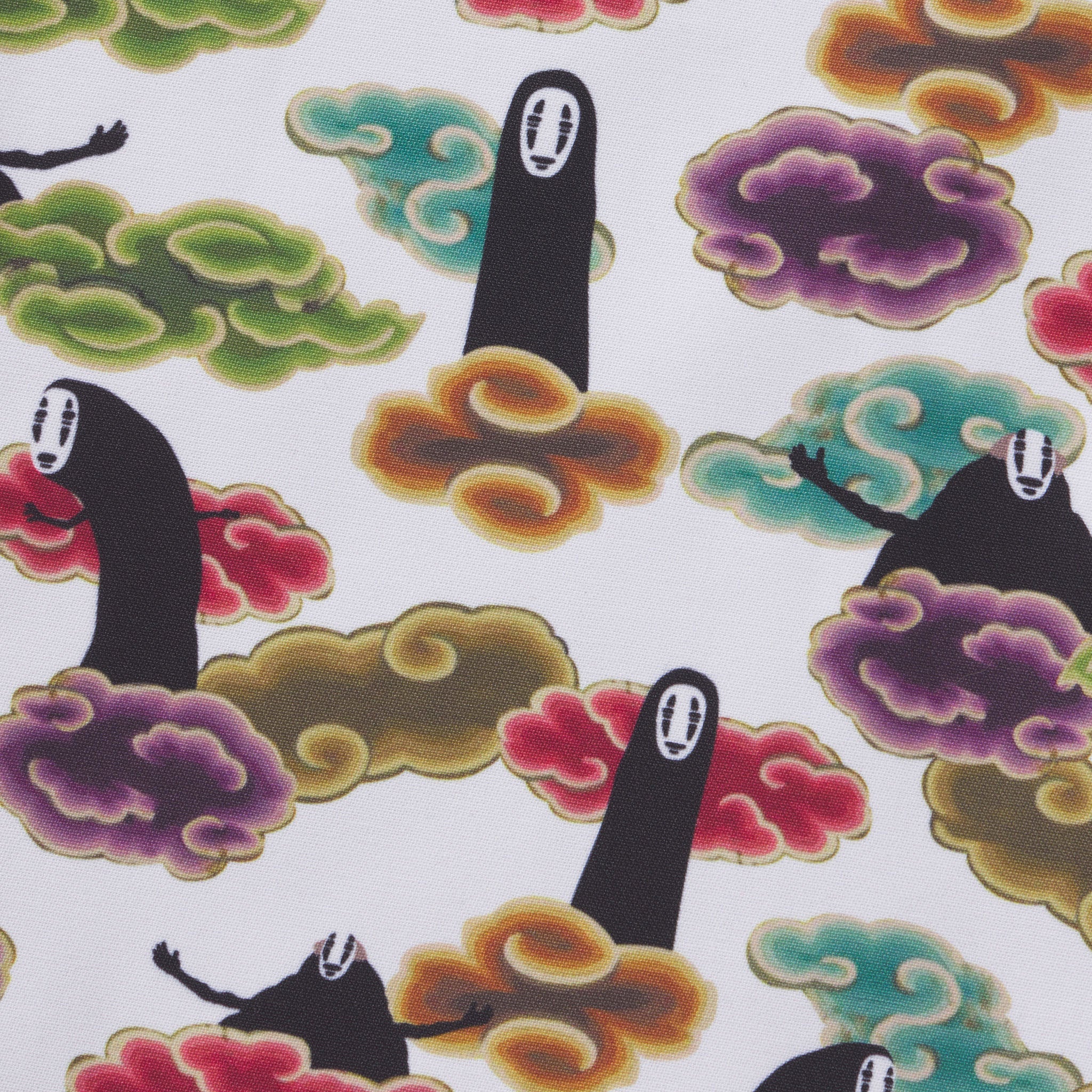 Pattern of black characters with white faces on colorful cloud-like shapes featuring No-face from the Studio Ghibli film Spirited away
