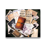 Brown leather journal surrounded by vintage newspapers and documents on a dark surface