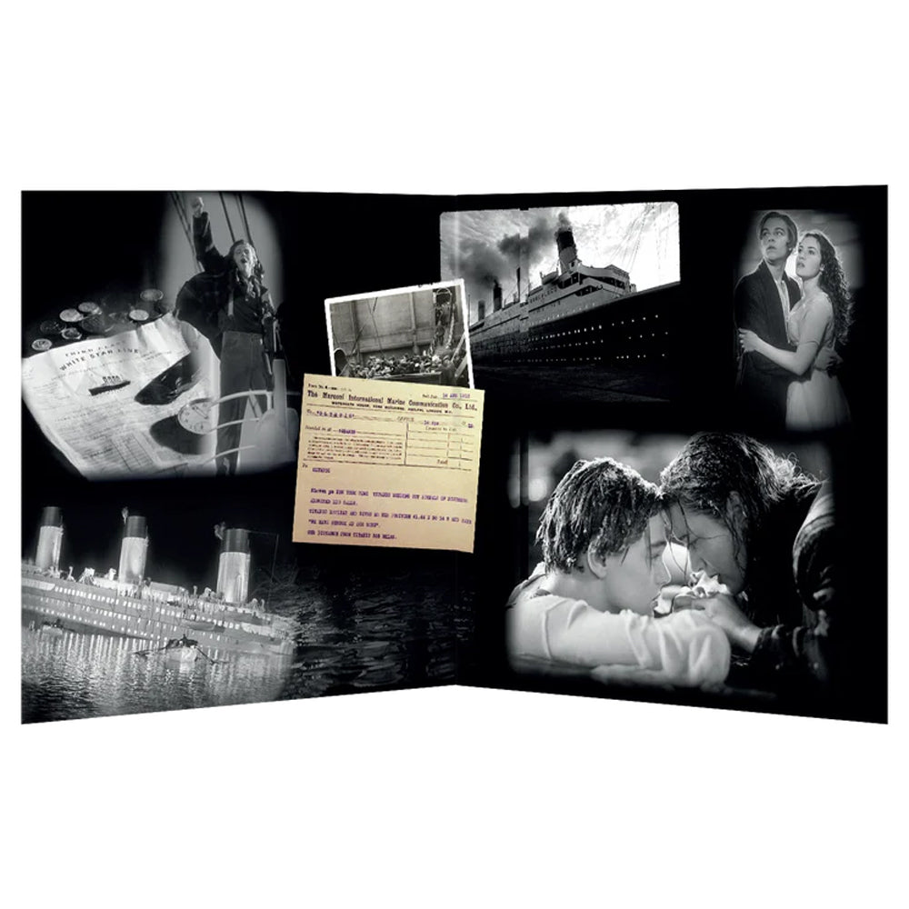 Memorial book for Titanic victims with black and white images and a couple embracing.