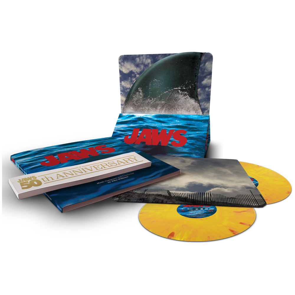 Vinyl record set with 'Jaws' branding and a yellow disc on a white background