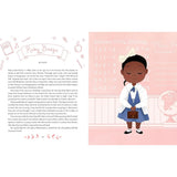 Illustration of a young girl in a school uniform holding a book, with educational elements on a pink background.