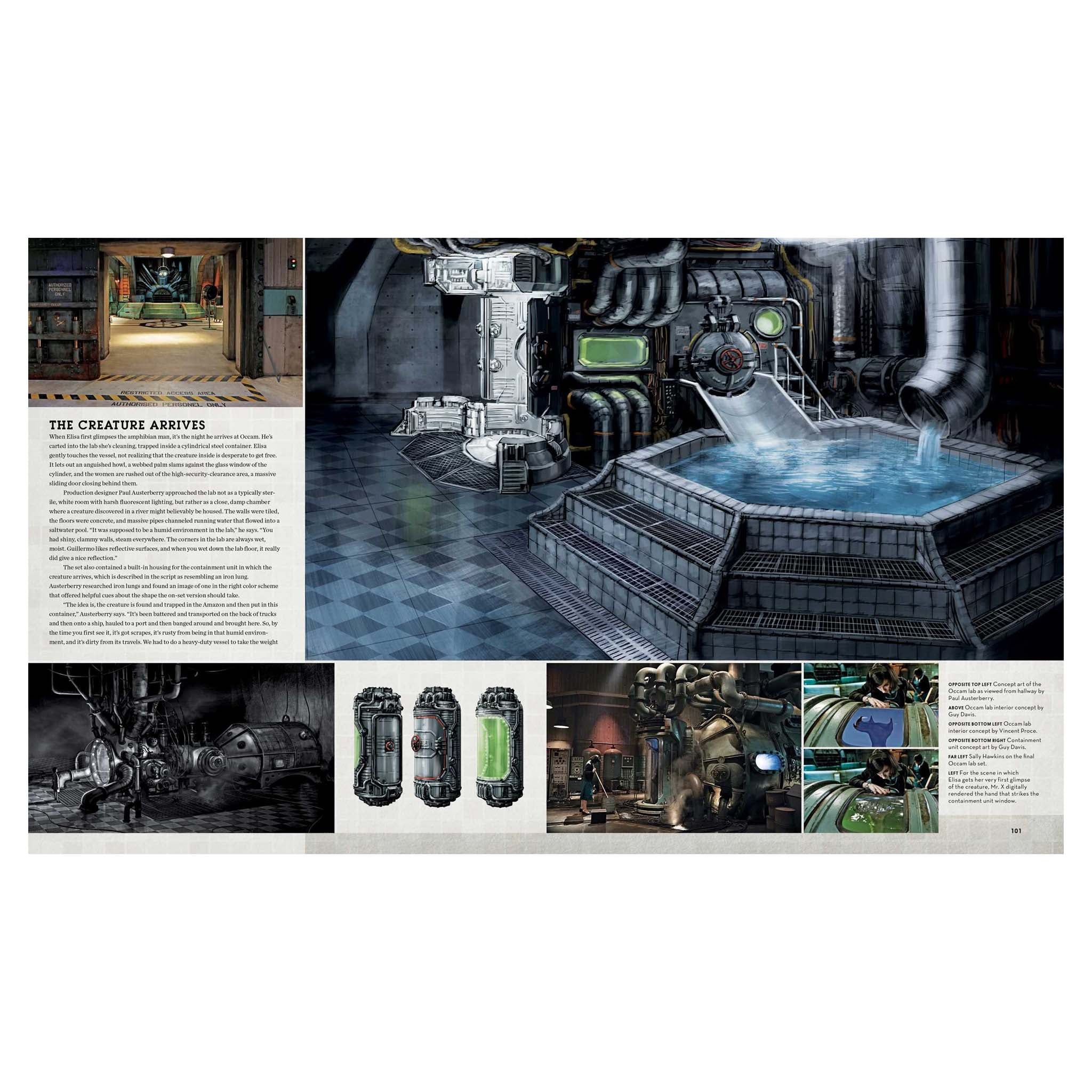 Illustrated interior design of a futuristic or sci-fi setting with text and images.
