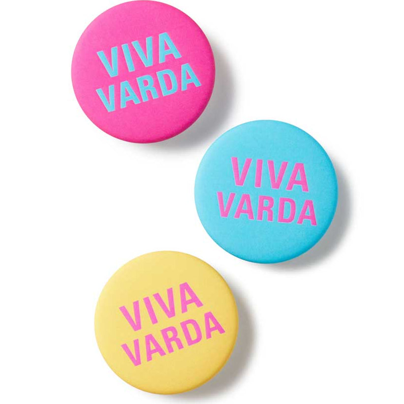 Three colorful buttons with 'VIVA VARRDA' text on a white background