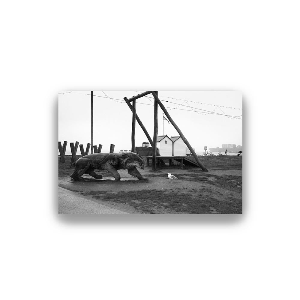 Black and white photo of an elephant walking on a dirt path with a wooden structure and building in the background. Photo by Sir Roger Deakins