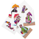 A collection of six colorful self-adhesive stickers featuring caricatures of people in beach settings, with names like Agnès Varda and Los Angeles mentioned on the cards.