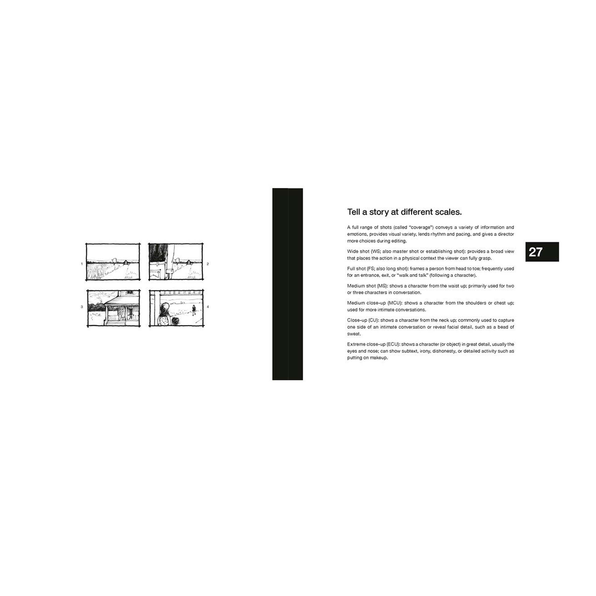 Page from a book or magazine with text and storyboard panels on a white background