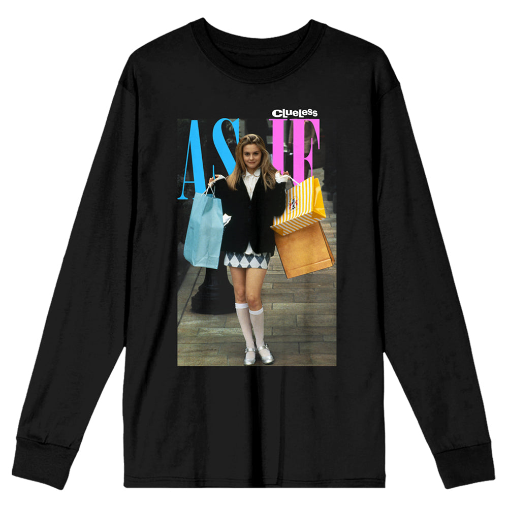 Adult Men's and Women's Tshirt Black long-sleeve shirt with a graphic of a person holding bags and text on a white background Image of Cher from the movie Clueless holding shopping bags on Rodeo Drive with the words "AS IF" and the movie logo