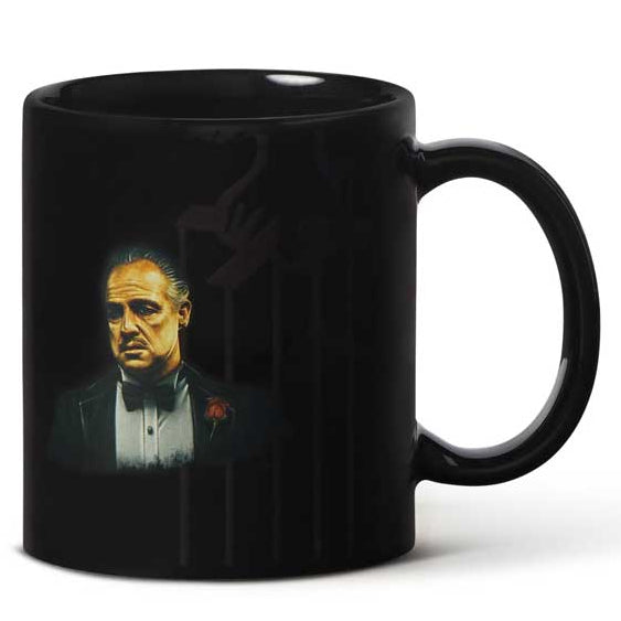 Black mug with a graphic of a man in a suit on a white background Exclusive mug ceramic featuring Marlon brando from the Godfather movie