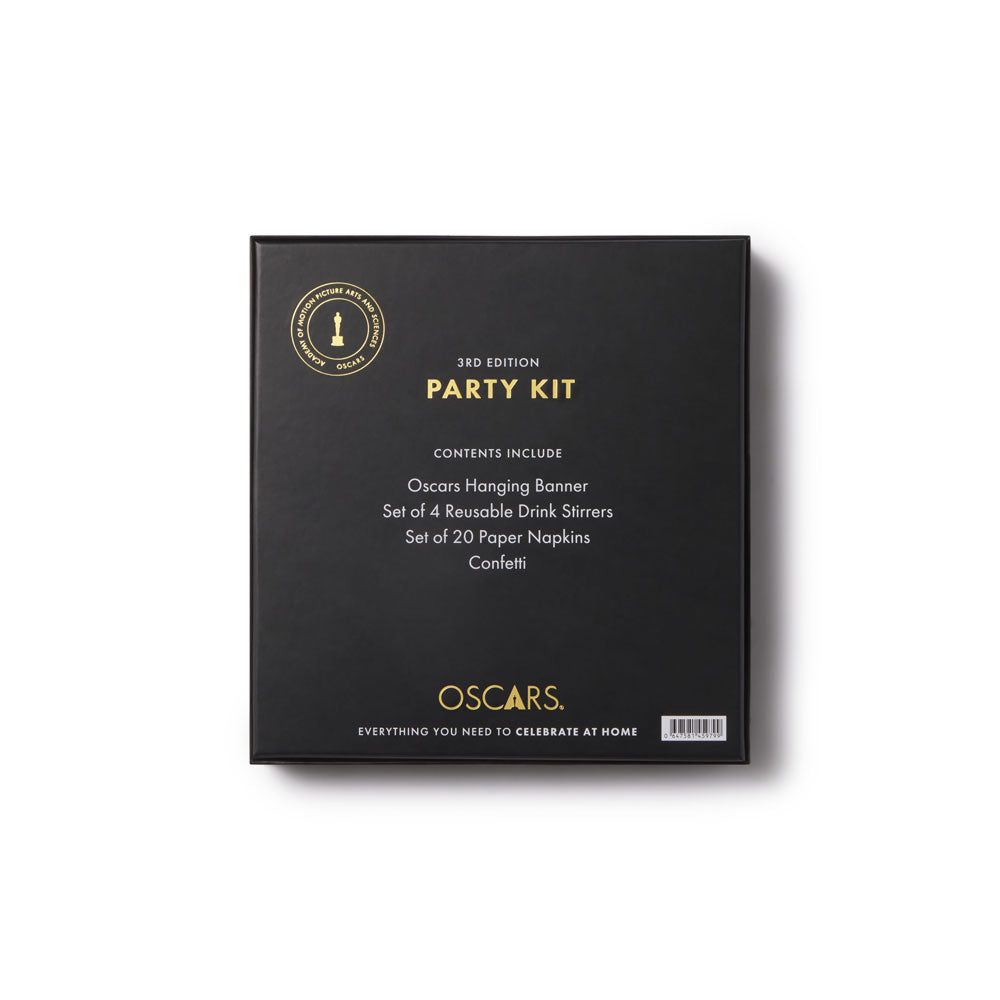 Black party kit box with gold text on a white background
