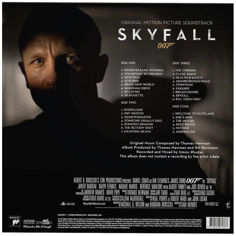 Album cover for 'Skyfall' with a silhouette of James Bond's face and tracklist.