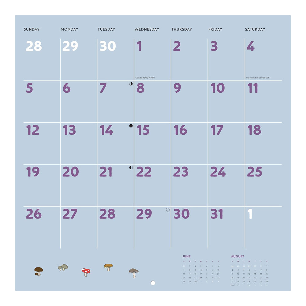 Calendar with a light blue background and purple text displaying dates.